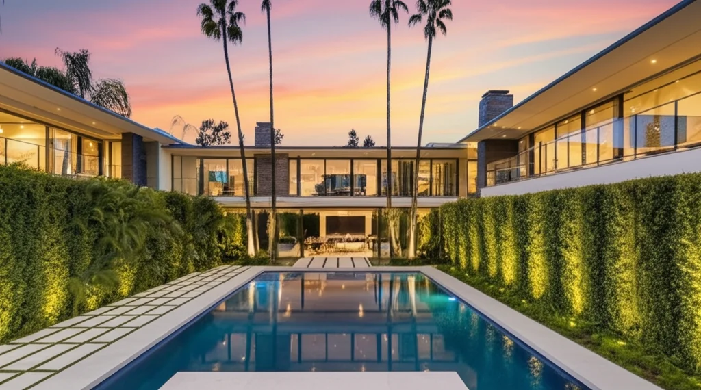 Cinematic photograph of Kendall Jenner's Beverly Hills mansion exterior at sunset. Lush landscaping, infinity pool refle