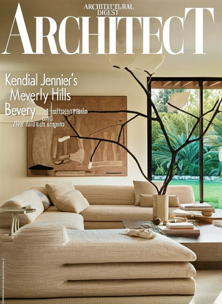 Architectural Digest cover photo Kendall Jenner's minimalist Beverly Hills living room. High ceilings, natural light pou