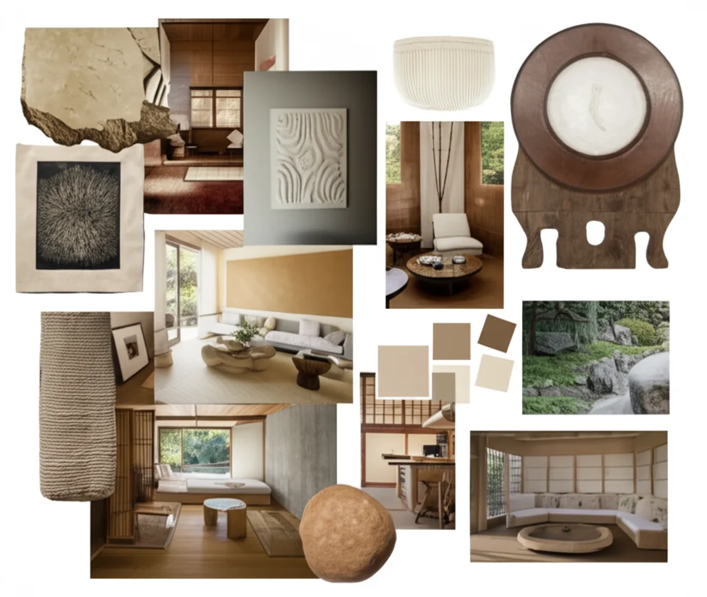Interior view of Kendall Jenner's living room, showcasing a blend of minimalist and maximalist design elements, with neutral colors and bold artwork
