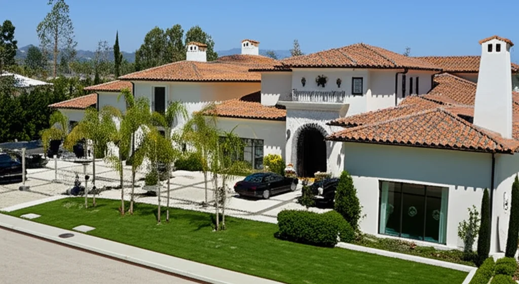 Architectural photograph, wide-angle, Khloé Kardashian's Calabasas mansion, sprawling Mediterranean design, impeccably m
