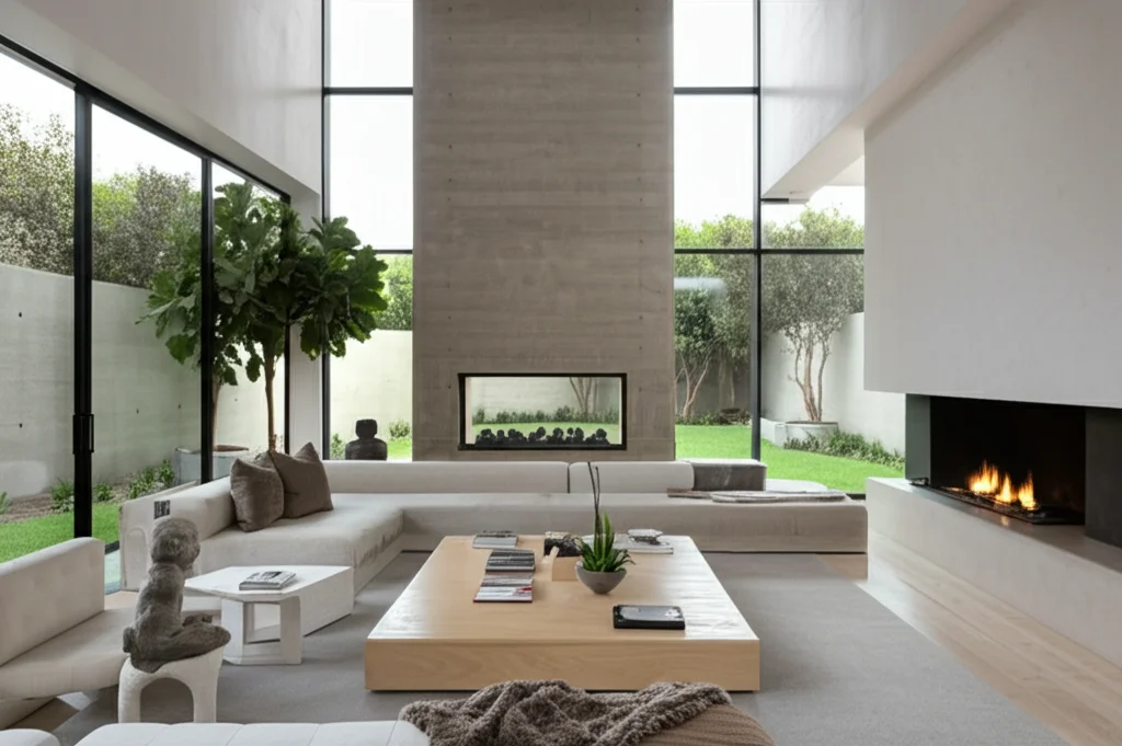 Photorealistic wide-angle interior shot of Kourtney Kardashian's Calabasas living room, showcasing minimalist design, ne