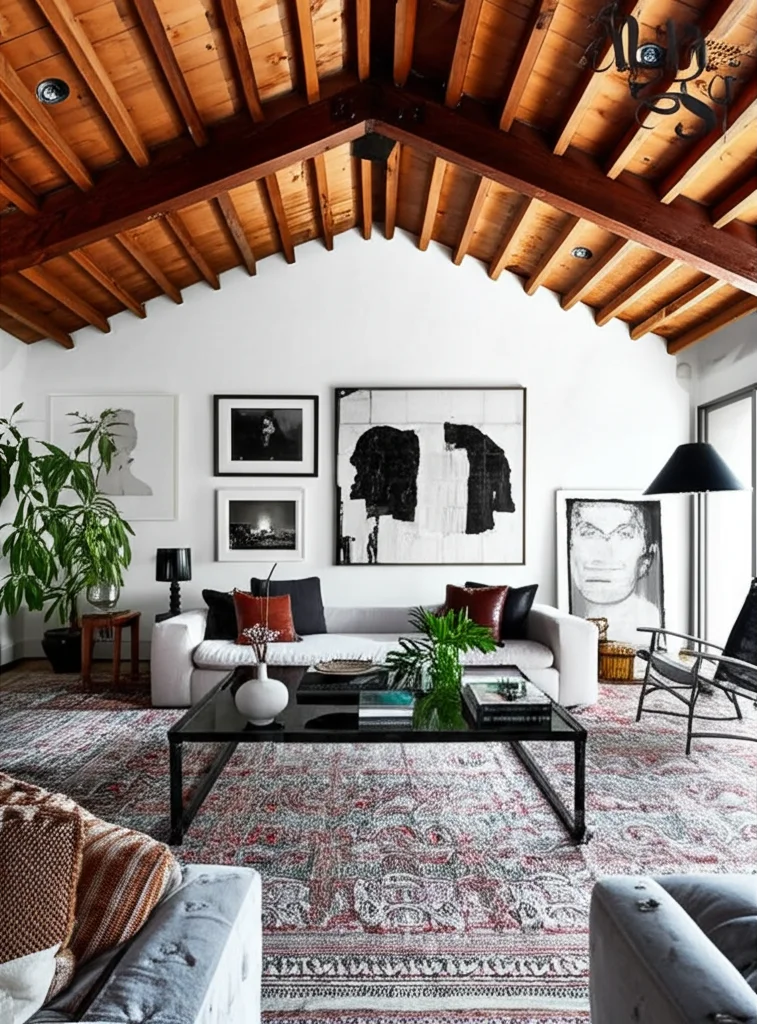 Architectural Digest style photograph of Kristen Stewart's Los Angeles living room high ceilings, exposed wooden beams,