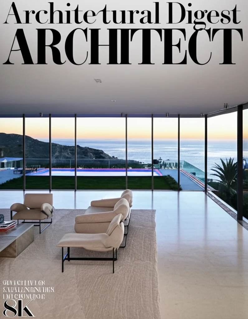Architectural Digest cover photo, interior of Kylie Jenner's modern La Jolla mansion, floor-to-ceiling windows overlooki