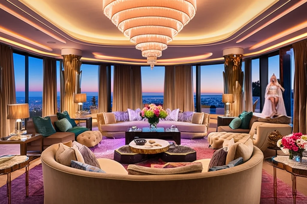 Ultra-detailed, cinematic photograph of Lady Gaga's opulent Los Angeles mansion interior. Focus on the main living room