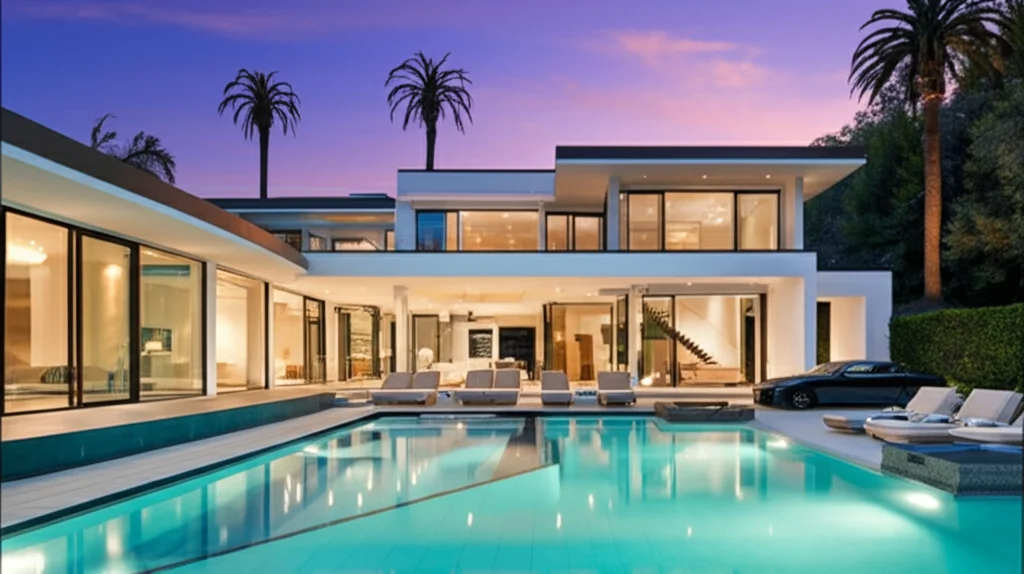 Cinematic, wide-angle photo of LeBron James' Los Angeles mansion at dusk. Infinity pool reflecting the sunset, modern ar
