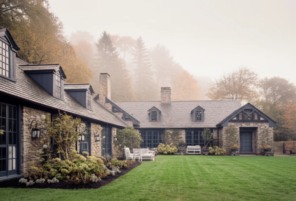 Architectural photograph, Martha Stewart's Bedford estate, showcasing the impeccably landscaped grounds and the stone fa