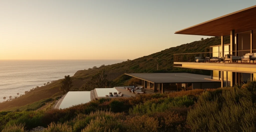 Cinematic photograph, Matthew McConaughey's Malibu ranch, exterior view, sprawling property overlooking the Pacific Ocea