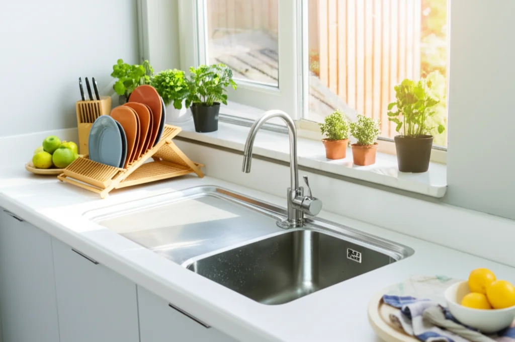 Photorealistic, wide-angle shot of a bright, modern kitchen featuring a single-bowl stainless steel sink with sleek, min