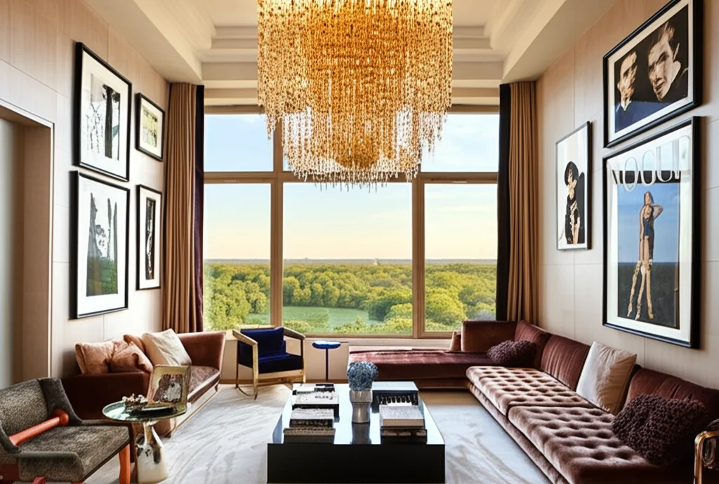 Ultra-realistic, wide-angle photograph of Naomi Campbell's glamorous Manhattan apartment living room. Floor-to-ceiling w