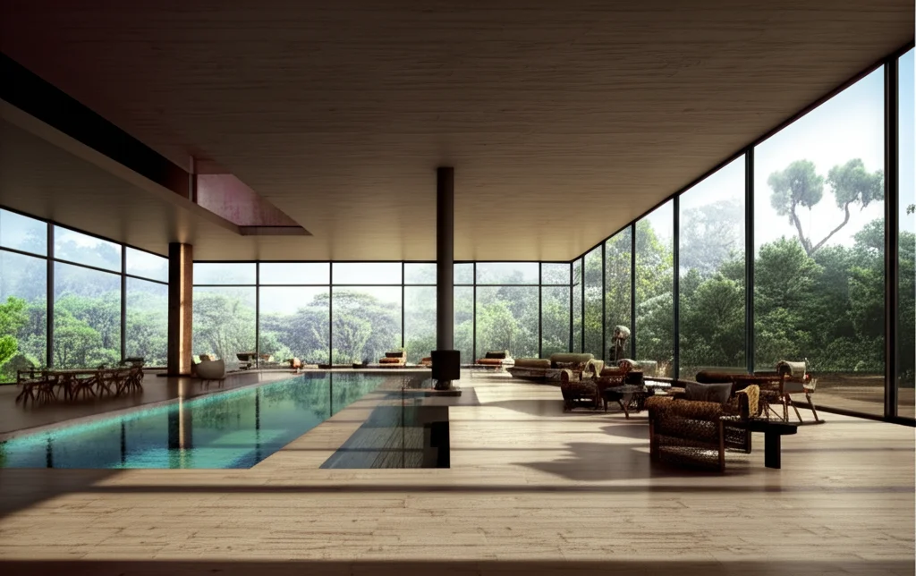 An image showcasing a lavish swimming pool area with a modern design within Neymar Jr.'s Brazilian estate.