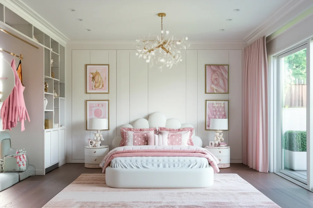 Photorealistic interior of a modern Calabasas mansion bedroom, designed for a young girl minimalist decor, neutral color