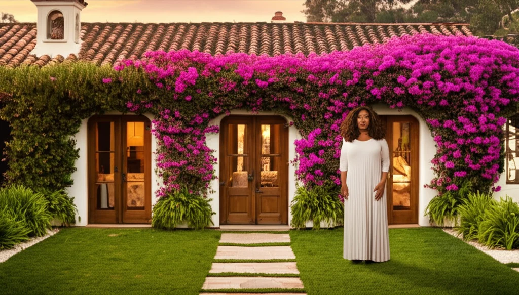 Cinematic photograph, Oprah Winfrey's Spanish Revival home exterior, Montecito California, terracotta roof tiles, bougai
