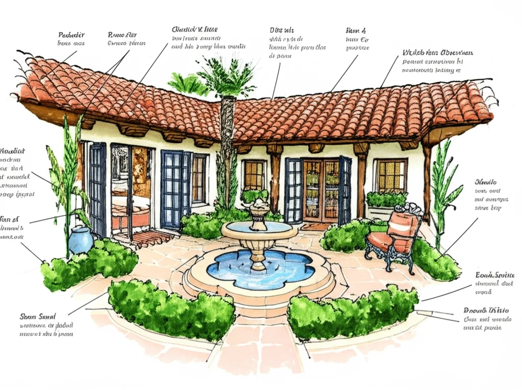 Oprah's Spanish Revival architecture detail, showing white stucco and a tiled roof.