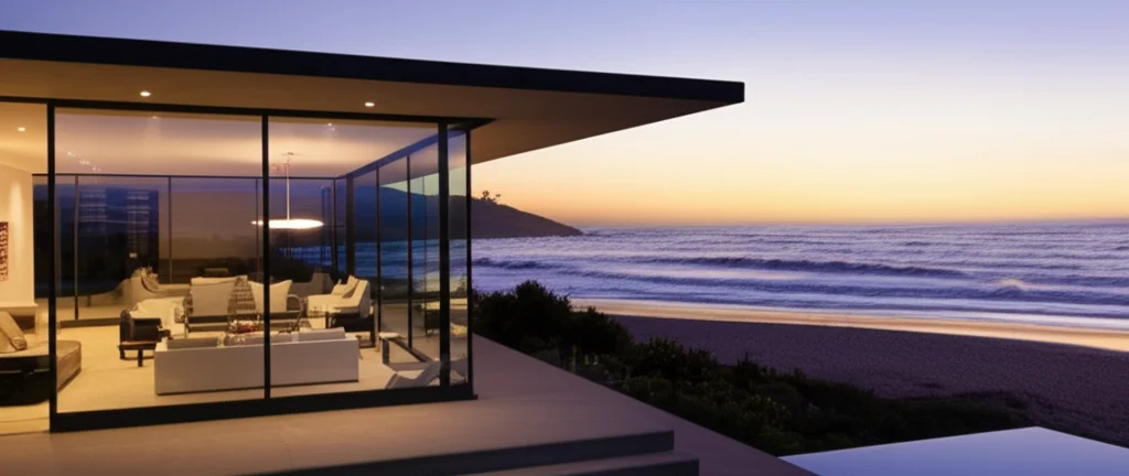 Cinematic photograph, wide angle, of Laurene Powell Jobs' Malibu beach home, expansive glass walls overlooking the Pacif