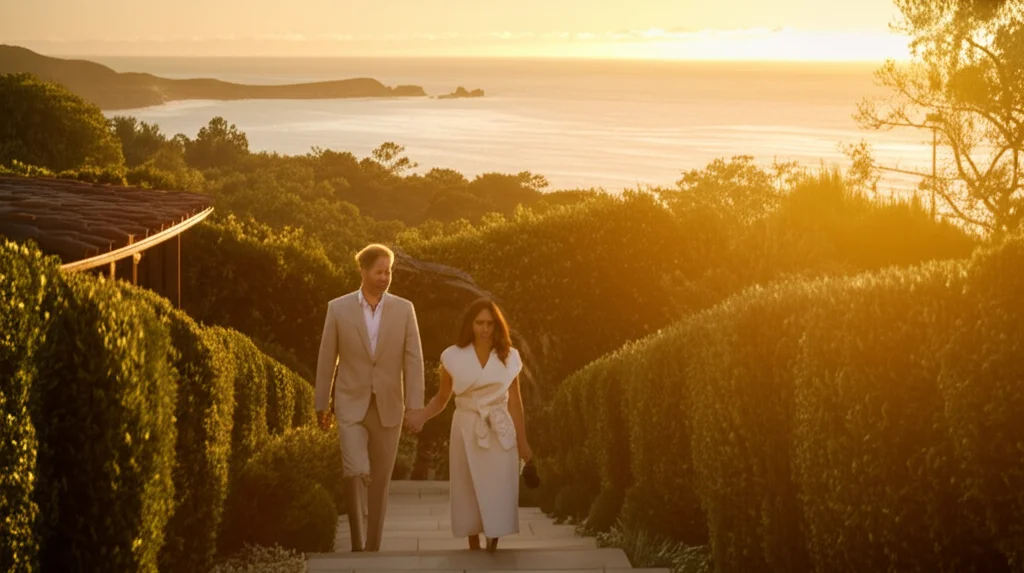 Cinematic photograph of Prince Harry and Meghan Markle walking hand-in-hand through the lush gardens of their Montecito