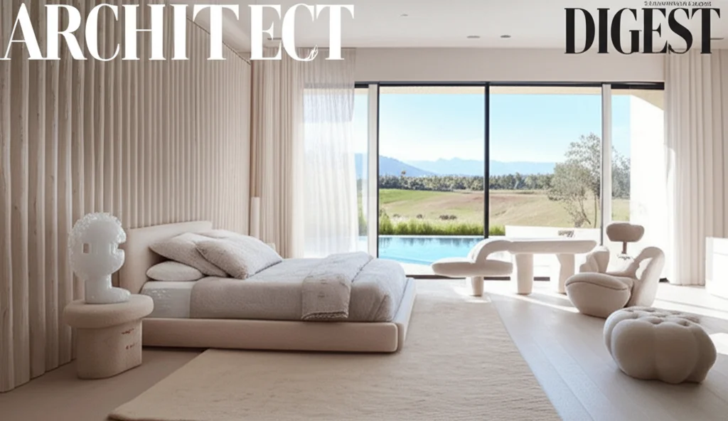 Architectural Digest cover photo Wide shot of Psalm West's bedroom in the Calabasas mansion. Minimalist design, soft neu
