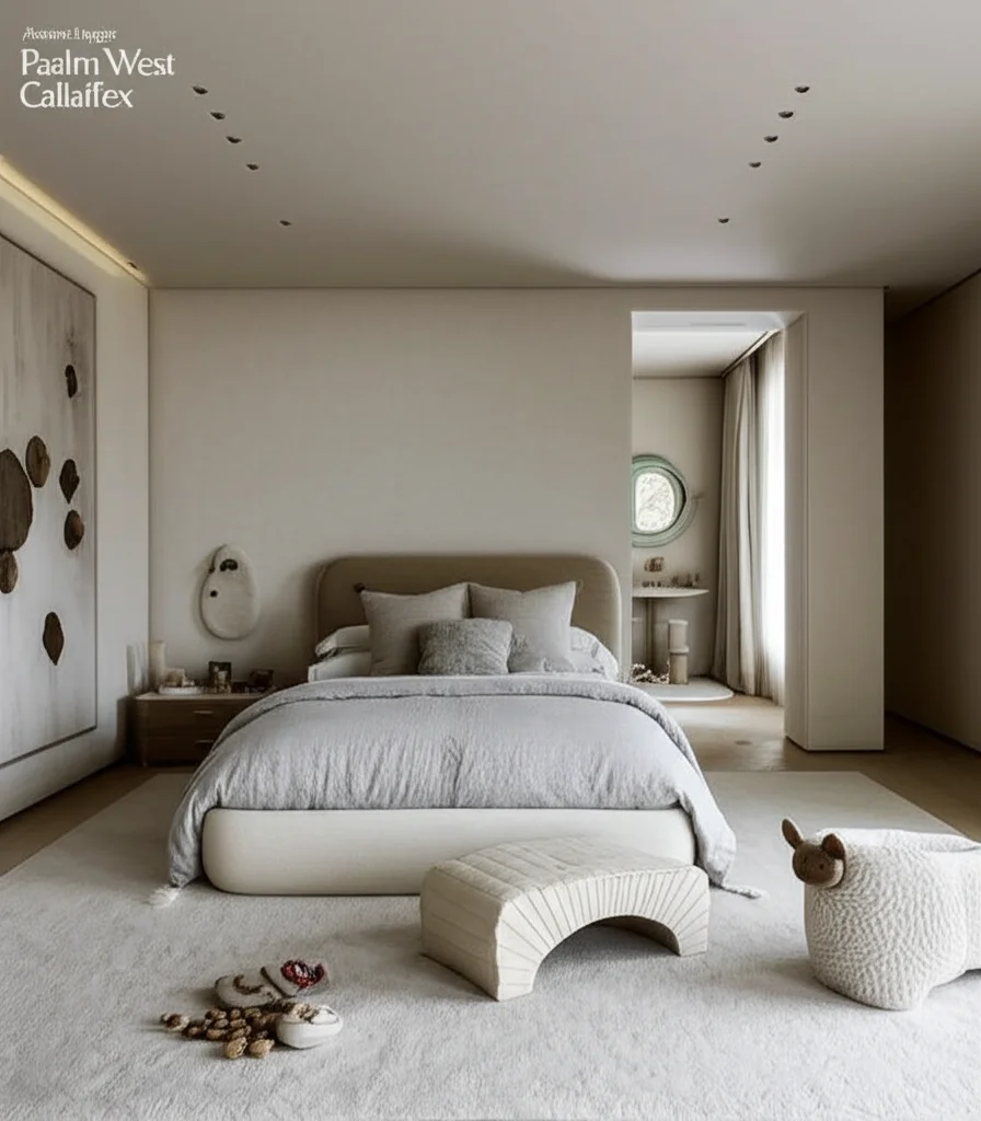 Architectural Digest style photography, Psalm West's minimalist bedroom in the Kardashian Calabasas home, bathed in soft