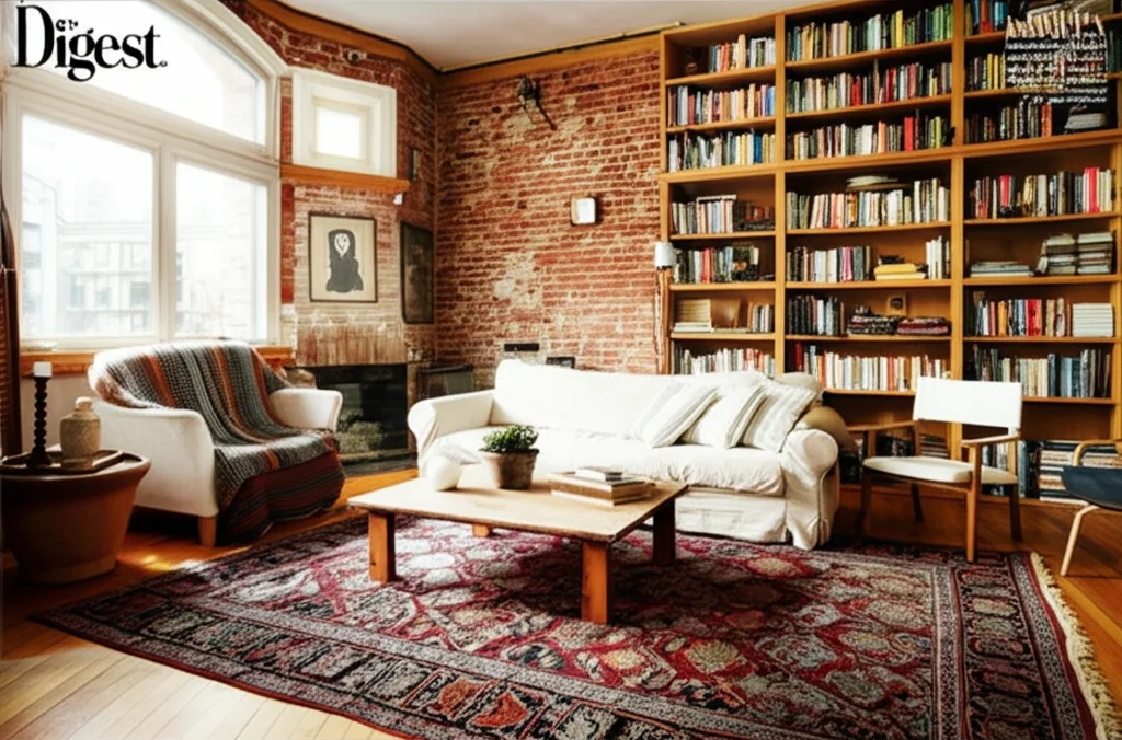 Architectural Digest style photograph, Rachel McAdams' sun-drenched living room in a Victorian Toronto home. Soft natura