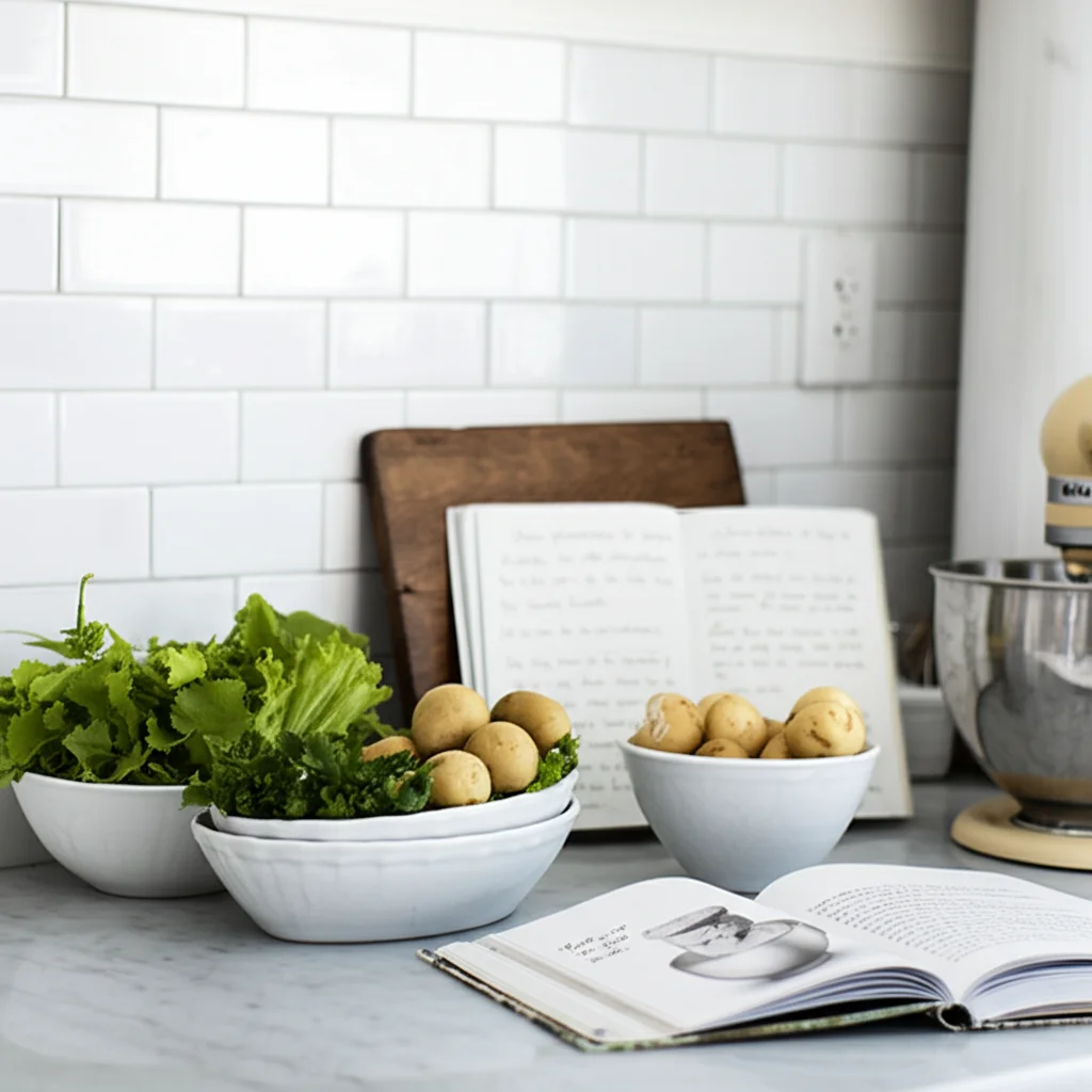 Cozy kitchen interior, wood accents, natural light, depicting Rachel McAdams style.
