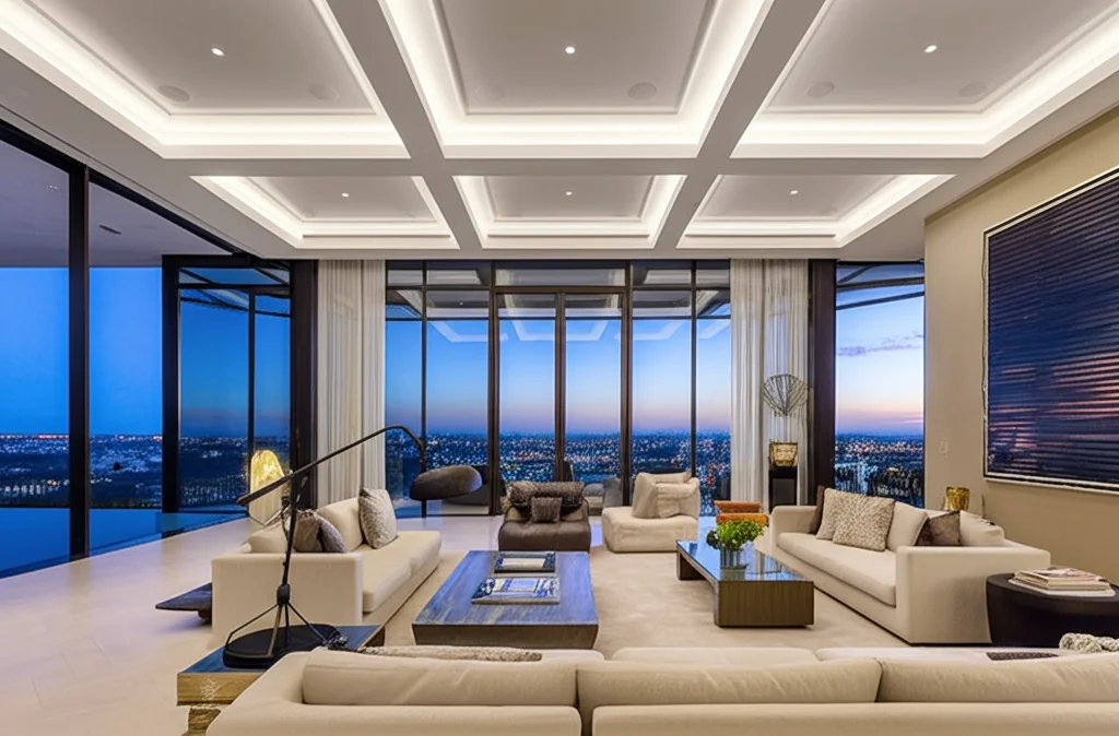Cinematic photograph, wide angle, Rihanna's expansive Los Angeles mansion interior, showcasing the grand living room, fl