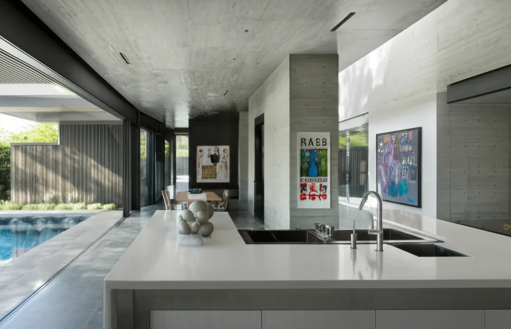 Architectural photograph, interior of Saint West's modern Calabasas home, minimalist design, concrete walls, natural lig