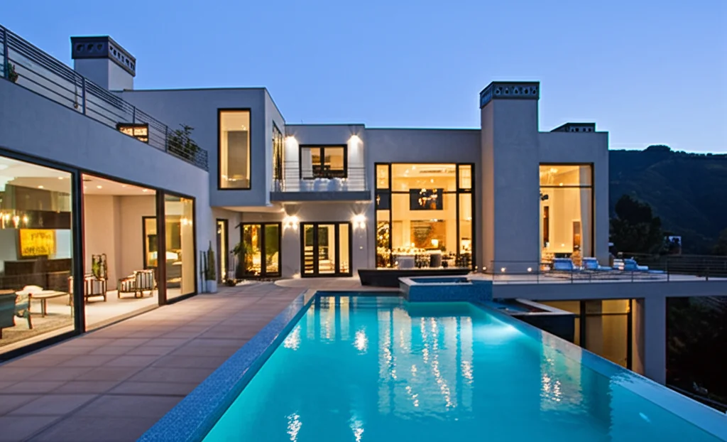 Cinematic wide shot capturing Scott Disick's Calabasas mansion at dusk. Focus on the infinity pool overlooking the valle