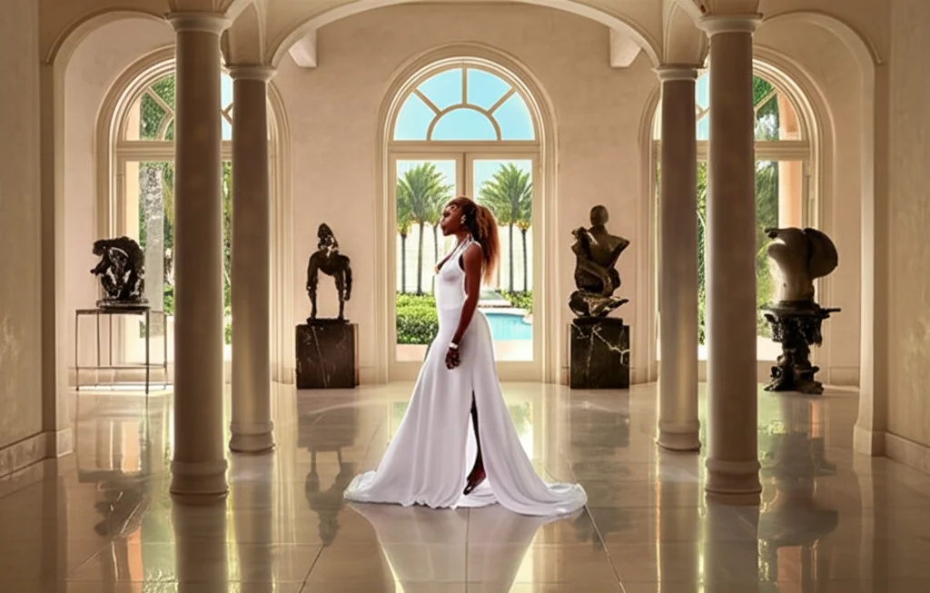 Cinematic photograph, Serena Williams elegantly posing in the grand foyer of her Palm Beach mansion, natural light strea