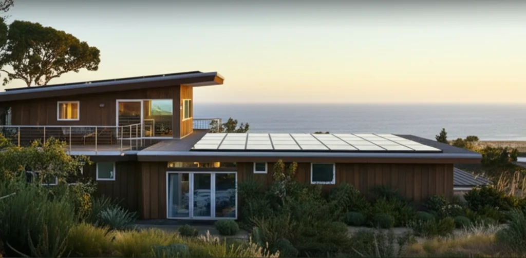 Cinematic wide shot of Shailene Woodley's Malibu house exterior, showcasing its sustainable design, native California la