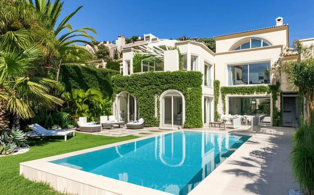 Architectural photography, exterior shot of Shakira's Barcelona villa, Mediterranean style, lush gardens, infinity pool