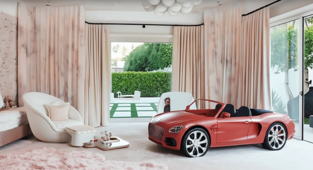 Cinematic photograph of Stormi Webster's bedroom in Kylie Jenner's Hidden Hills mansion, featuring a custom-built playho