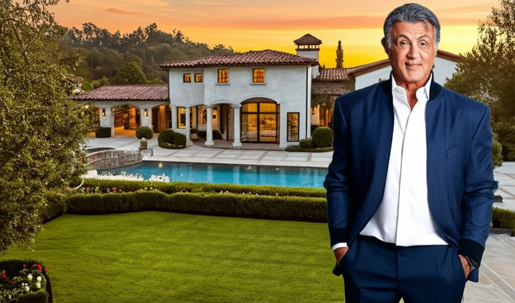 Cinematic, wide-angle shot of Sylvester Stallone standing proudly in front of his opulent Hidden Hills mansion at sunset