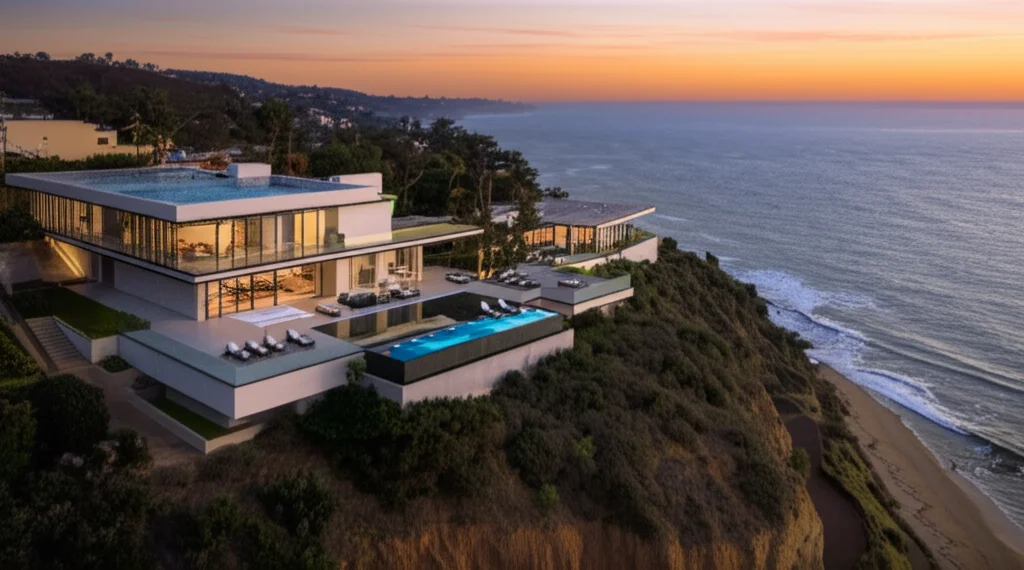Cinematic, aerial photograph of Beyoncé and Jay-Z's Malibu estate perched on a cliff overlooking the Pacific Ocean at su