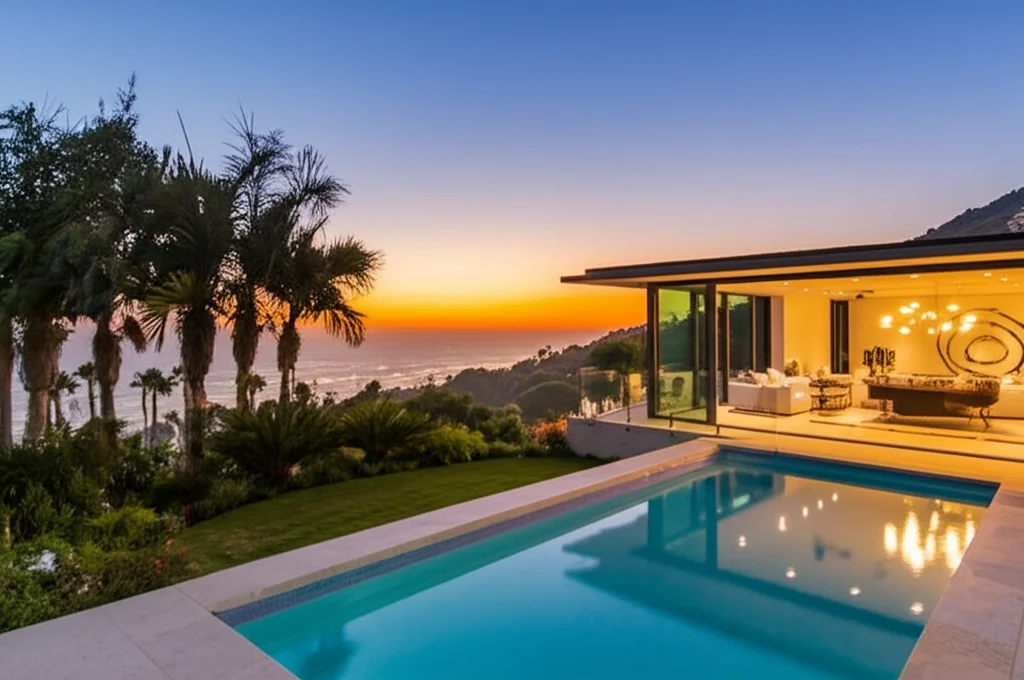 Panoramic photorealistic view of Caitlyn Jenner's Malibu home exterior at sunset. Infinity pool overlooking the Pacific