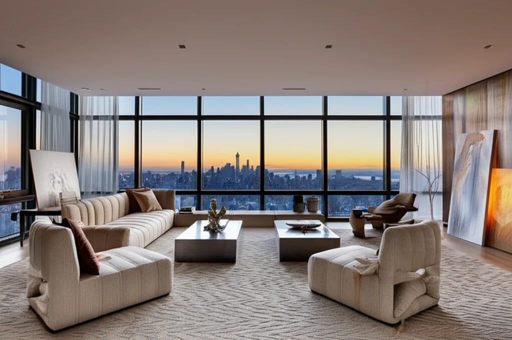 Architectural photography, wide shot of Gigi Hadid and Zayn Malik's minimalist New York penthouse living room, floor-to-