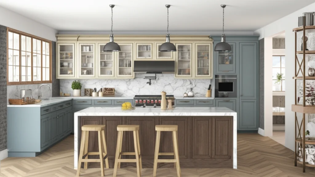 Gigi Hadid and Zayn Malik's stunning NYC penthouse kitchen featuring rustic wood cabinetry and a large island.