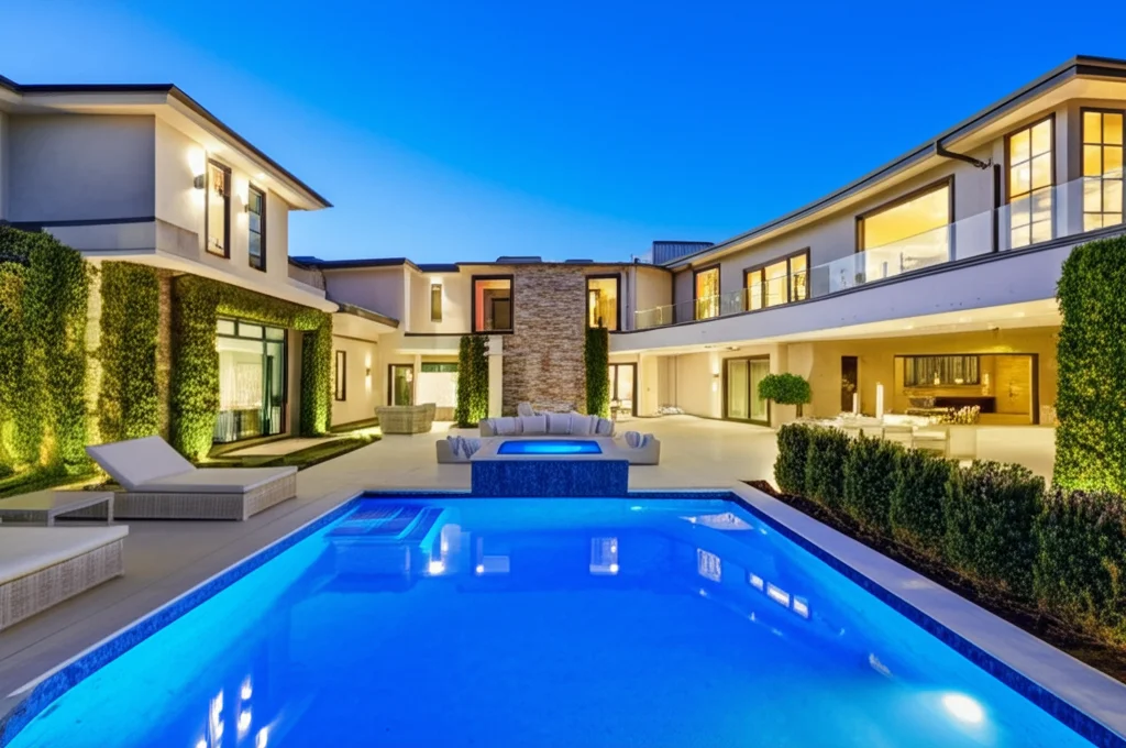 Cinematic wide-angle shot of Kylie Jenner and Travis Scott's Hidden Hills estate at dusk. Modern architectural mansion w
