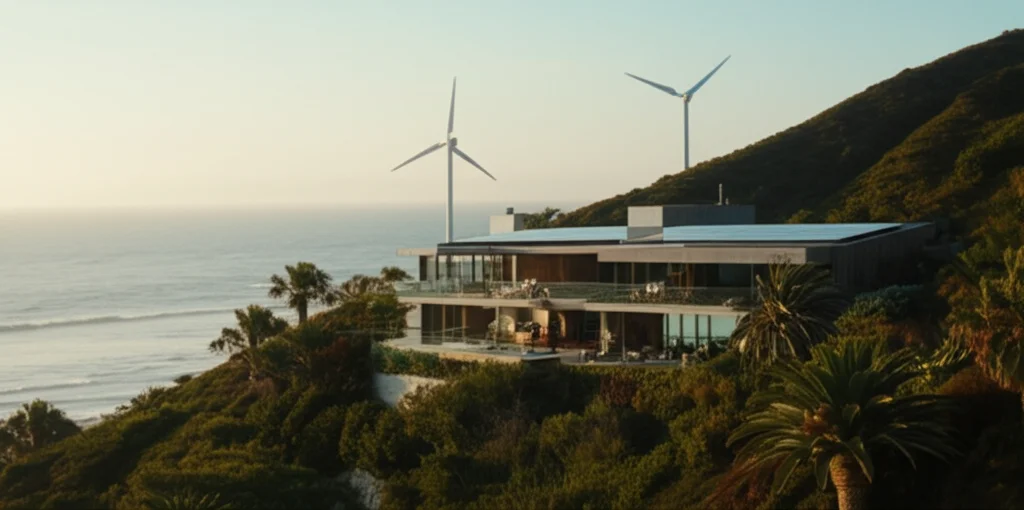 Cinematic wide shot Leonardo DiCaprio's modern Malibu villa, nestled into a lush hillside overlooking the Pacific Ocean.