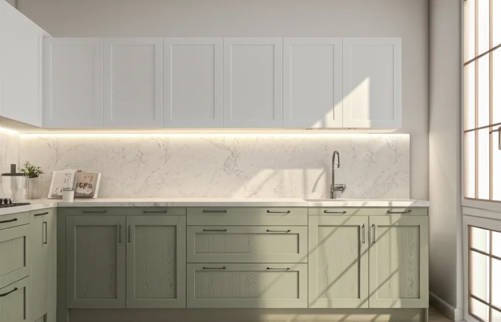 Photorealistic, wide-angle view of a modern, light-filled kitchen featuring two-tone cabinetry base cabinets in a muted,